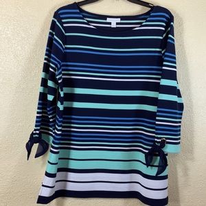 Charter Club Top Blouse L Navy Mint Green White Pullover 3/4 Sleeve Stretchy